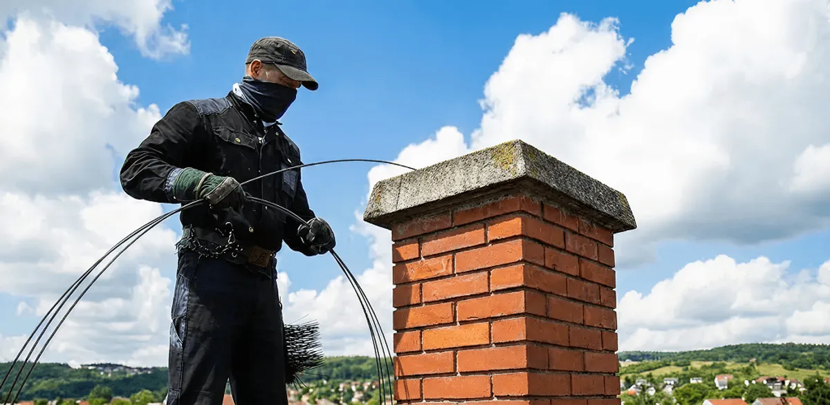 Chimney sweep cleaning a brick chimney with professional tools in Springfield, MO